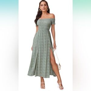 Floerns Women's Boho Floral Print Off Shoulder Split Long A Line Dress